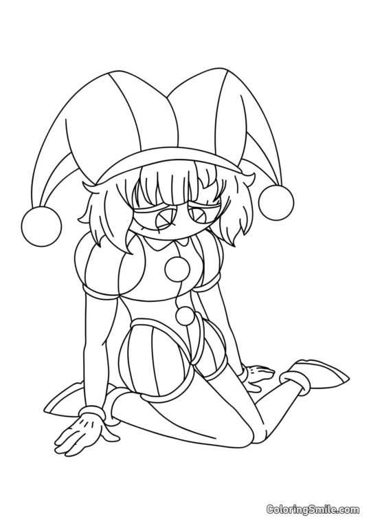 Desenhos para Colorir do Incrível Circo Digital Pomni Sentada de Joelhos - Página para Colorir
