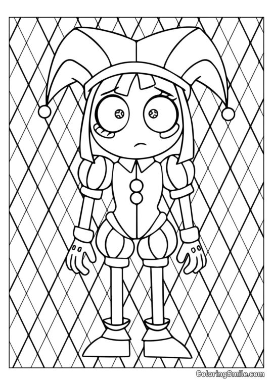 Desenhos para Colorir do Incrível Circo Digital Pomni ao Fundo de Rombo - Página para Colorir