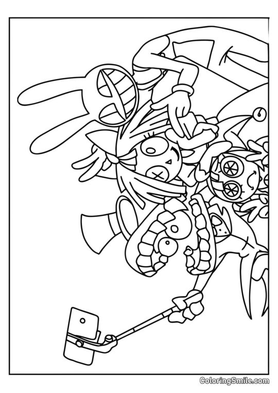 Desenhos para Colorir do Incrível Circo Digital Keyn Tira Selfies com Amigos - Página para Colorir