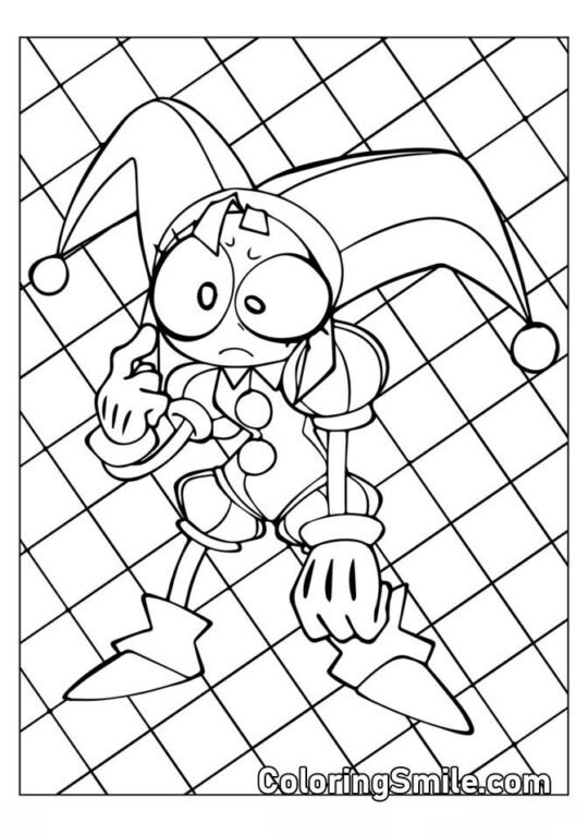 Desenhos para Colorir do Incrível Circo Digital Pomni em um Fundo Quadriculado - Página para Colorir