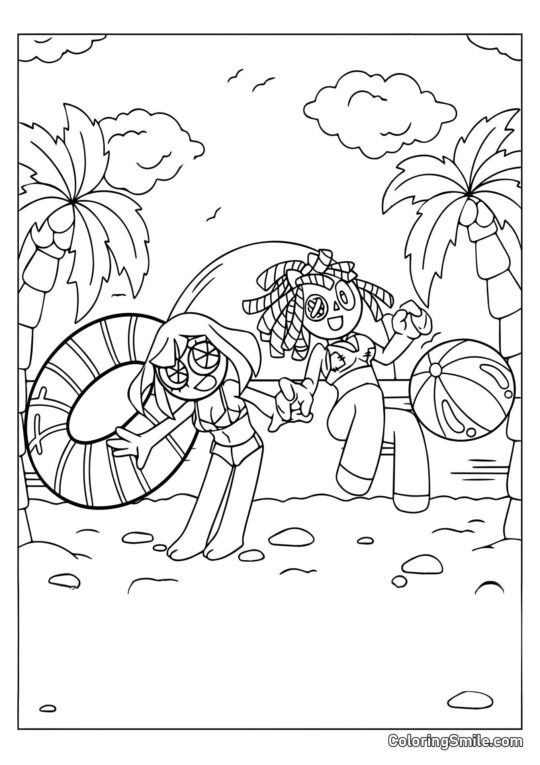 Desenhos para Colorir do Incrível Circo Digital Pomni e Ragata na Praia - Página para Colorir
