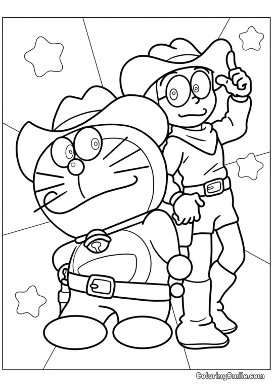 Doraemon Cowboy e Nobita - Página para Colorir
