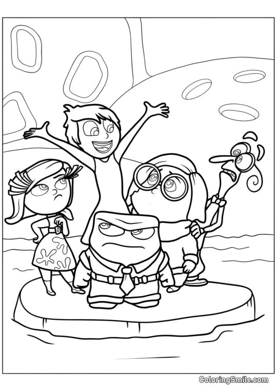 Disegni di Inside Out da colorare Gioia, Tristezza, Rabbia, Disgusto e Paura che nuotano - Pagina da Colorare