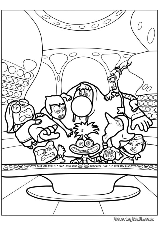 Disegni di Inside Out da colorare Emozioni Riley al pannello di controllo - Pagina da Colorare