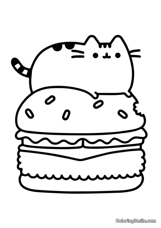 Disegni di Pusheen il Gatto da colorare Pusheen il gatto sul cheeseburger - Pagina da Colorare
