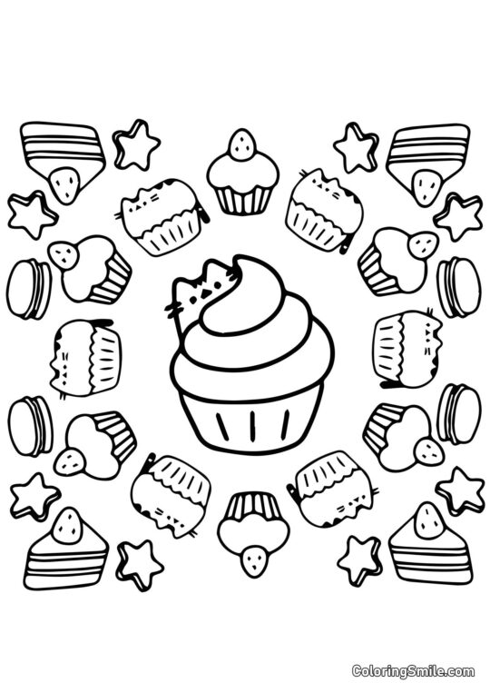 Disegni di Pusheen il Gatto da colorare Pusheen il gatto e dolci (Arte Terapia) - Pagina da Colorare