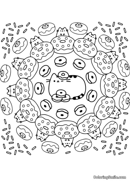 Disegni di Pusheen il Gatto da colorare Pusheen il gatto e ciambelle (Arte Terapia) - Pagina da Colorare