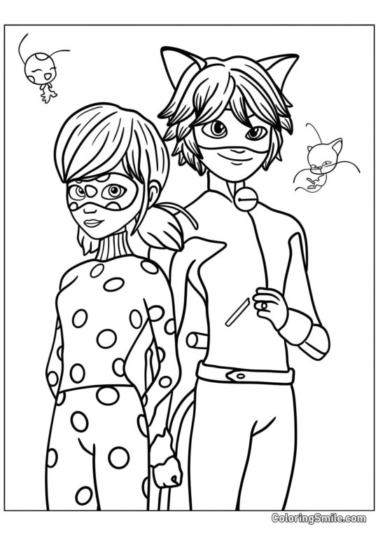 Disegni di Ladybug e Cat Noir da colorare Coccinella, Cat Noir, Tikki e Plagg - Pagina da Colorare