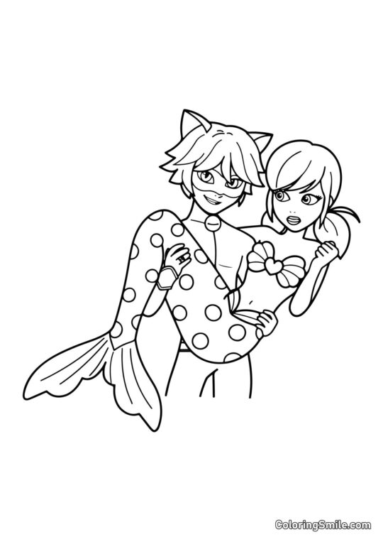 Disegni di Ladybug e Cat Noir da colorare Coccinella Sirena tra le Braccia di Cat Noir - Pagina da Colorare
