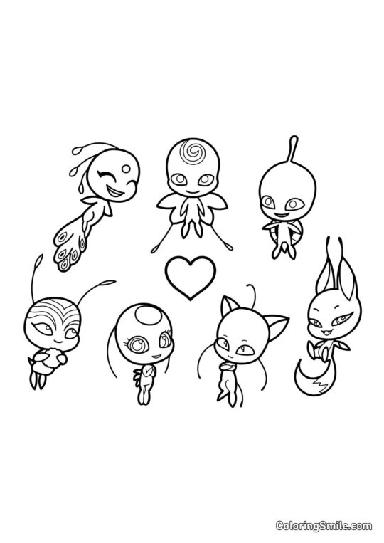 Disegni di Ladybug e Cat Noir da colorare Molti Diversi Kwami - Pagina da Colorare
