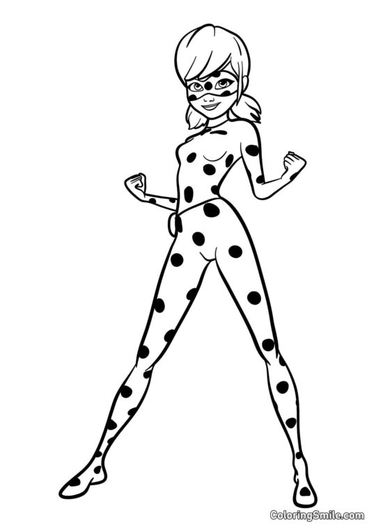Disegni di Ladybug e Cat Noir da colorare Coccinella in Posizione di Combattimento - Pagina da Colorare