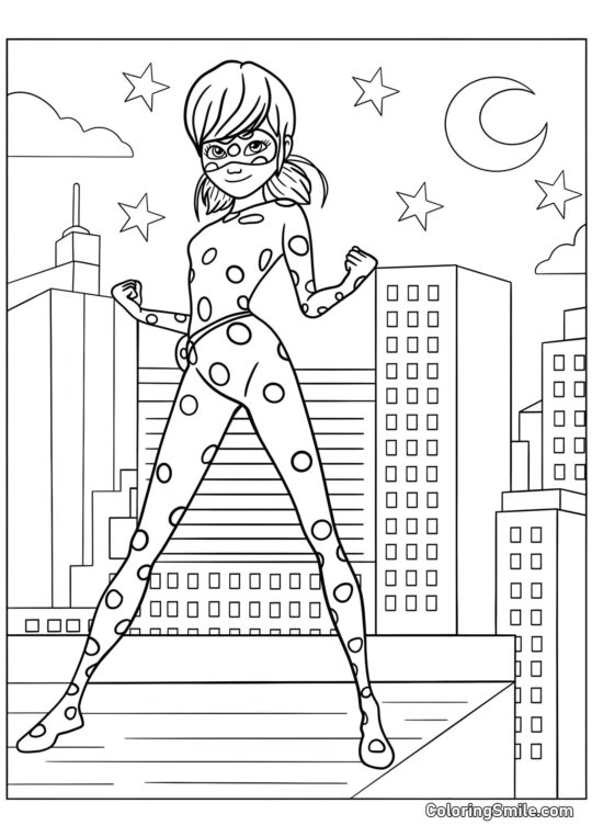 Disegni di Ladybug e Cat Noir da colorare Coccinella Contro lo Sfondo della Città - Pagina da Colorare