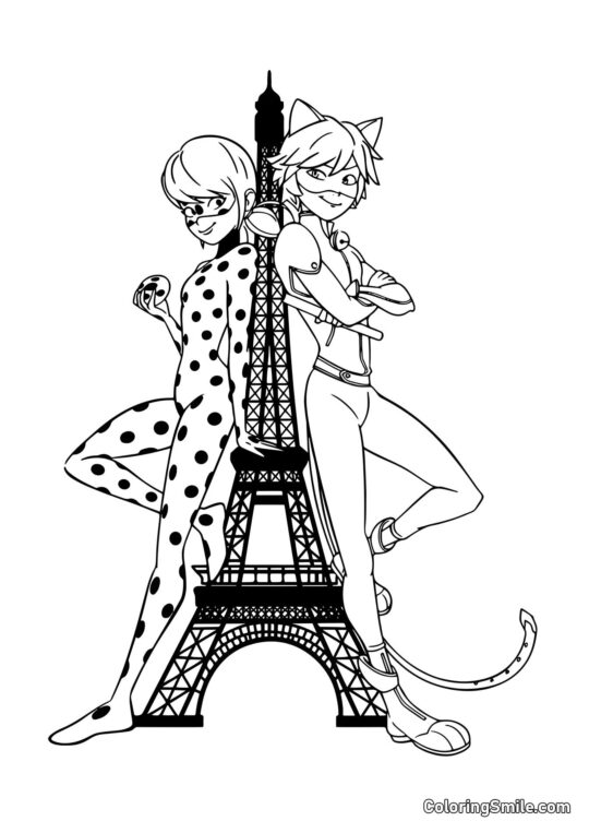 Disegni di Ladybug e Cat Noir da colorare Coccinella e Cat Noir alla Torre Eiffel - Pagina da Colorare