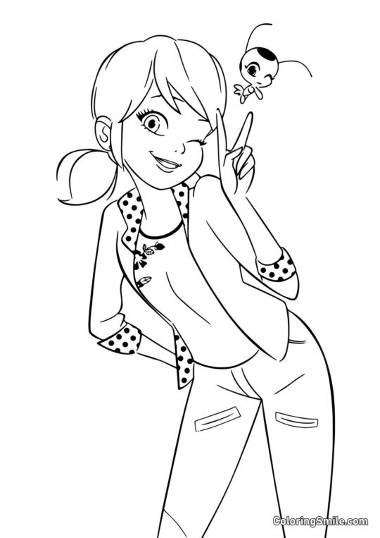 Disegni di Ladybug e Cat Noir da colorare Marinette Dupain-Cheng con Kwami - Pagina da Colorare