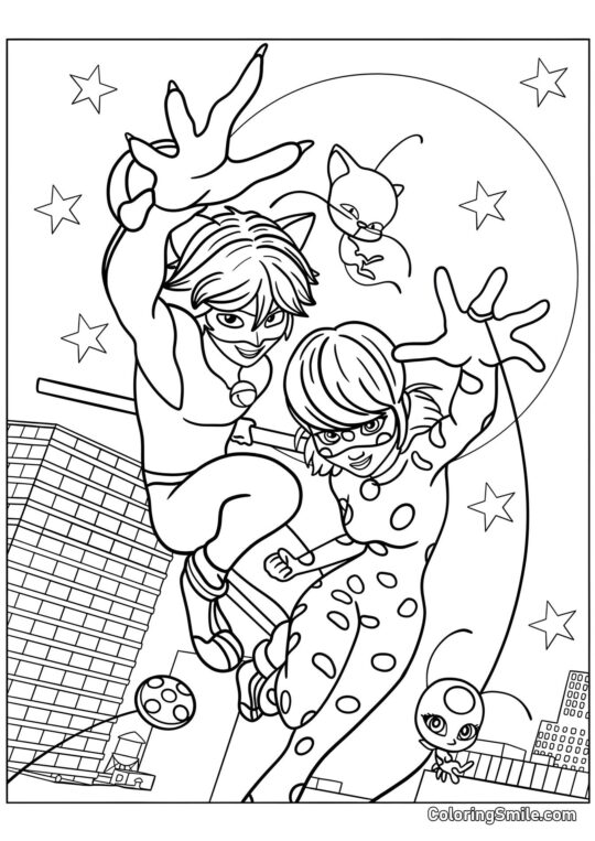 Disegni di Ladybug e Cat Noir da colorare Meravigliosa Coccinella e Cat Noir - Pagina da Colorare