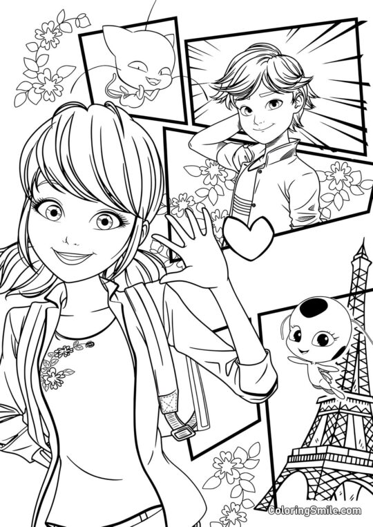 Disegni di Ladybug e Cat Noir da colorare Marinette Che Saluta Adrien - Pagina da Colorare