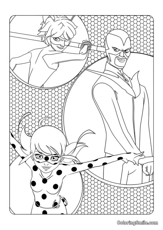 Disegni di Ladybug e Cat Noir da colorare Coccinella, Hawk Moth e Cat Noir - Pagina da Colorare
