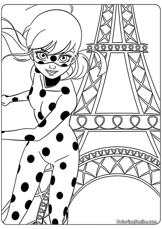 Disegni di Ladybug e Cat Noir da colorare Coccinella e la Torre Eiffel - Pagina da Colorare