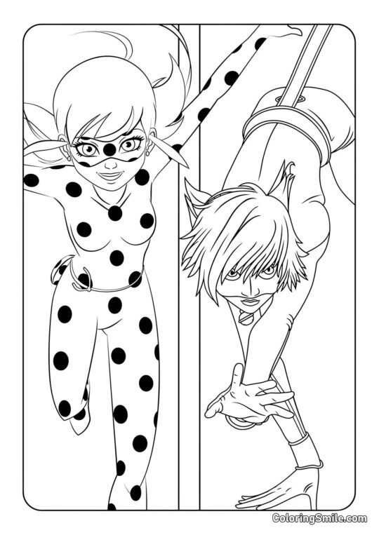 Disegni di Ladybug e Cat Noir da colorare Squadra Coccinella e Cat Noir - Pagina da Colorare