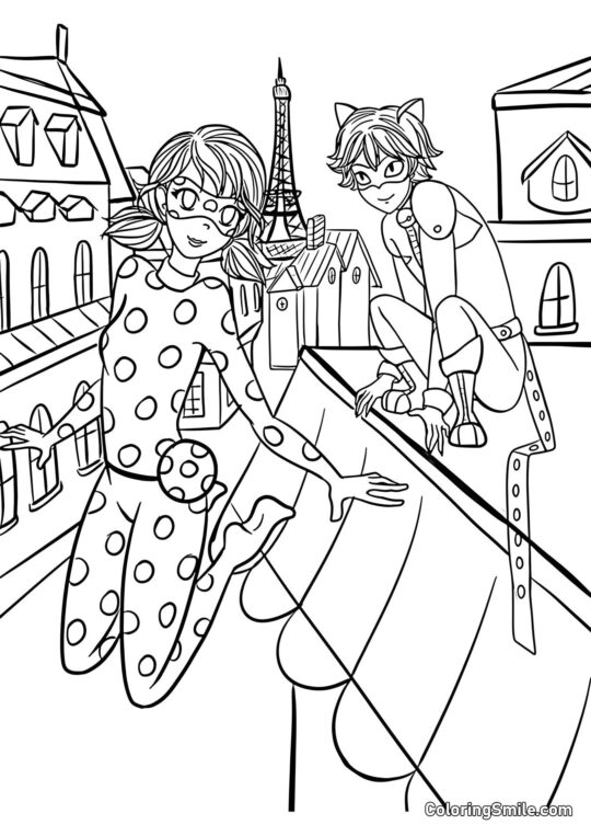 Disegni di Ladybug e Cat Noir da colorare Coccinella e Cat Noir a Parigi - Pagina da Colorare
