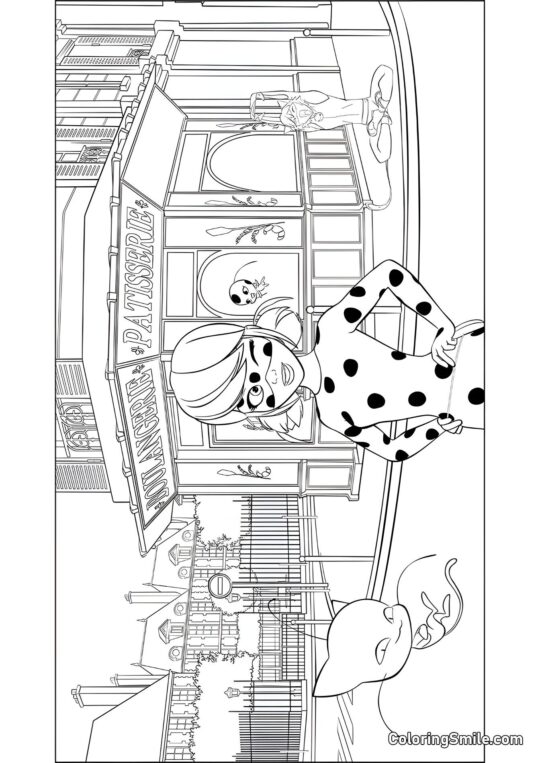 Disegni di Ladybug e Cat Noir da colorare Coccinella Vicino alla Panetteria - Pagina da Colorare