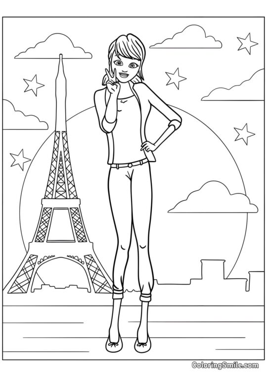 Disegni di Ladybug e Cat Noir da colorare Coccinella Davanti alla Torre Eiffel - Pagina da Colorare