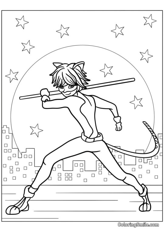 Disegni di Ladybug e Cat Noir da colorare Cat Noir con Bastone - Pagina da Colorare