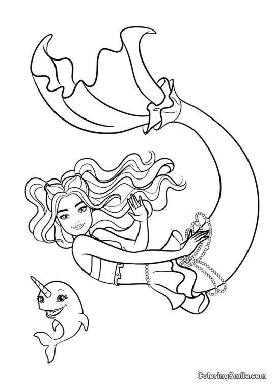 Dibujos de Barbie para colorear Barbie sirena saludando con narval - Página para Colorear