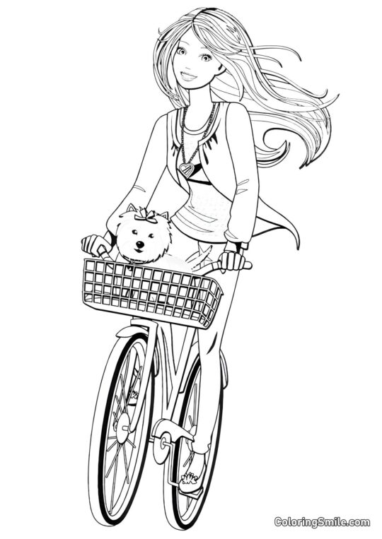 Dibujos de Barbie para colorear Barbie con perro en un paseo en bicicleta - Página para Colorear