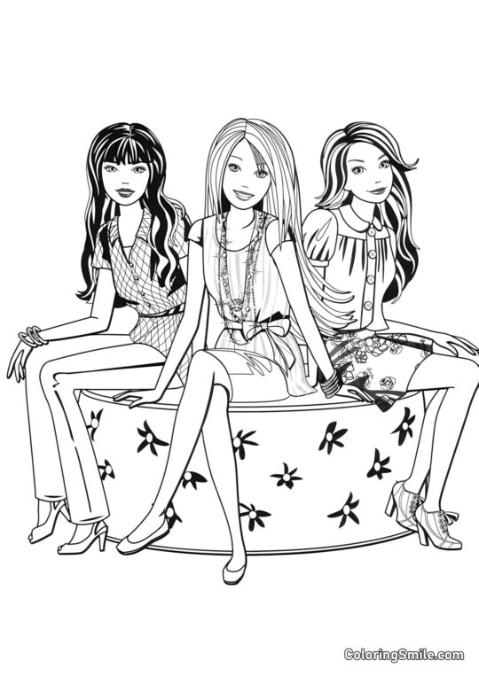 Dibujos de Barbie para colorear Barbie en un banco con amigas - Página para Colorear