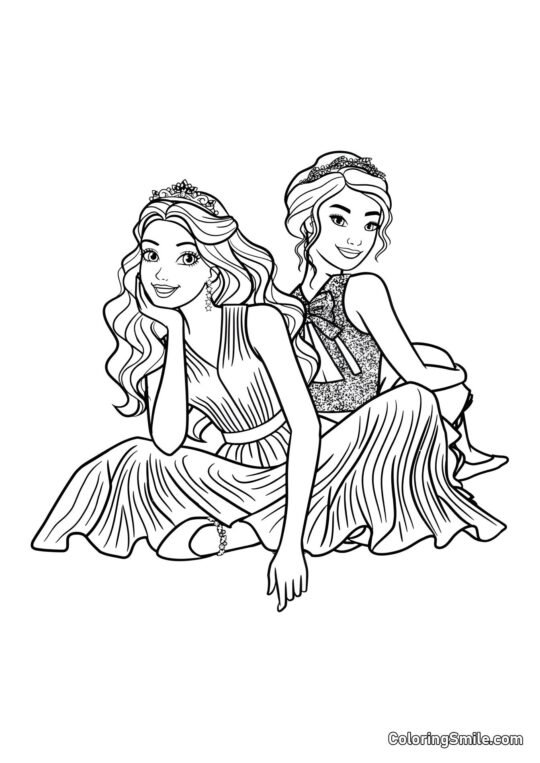 Dibujos de Barbie para colorear Barbie con una amiga sentada en el suelo - Página para Colorear