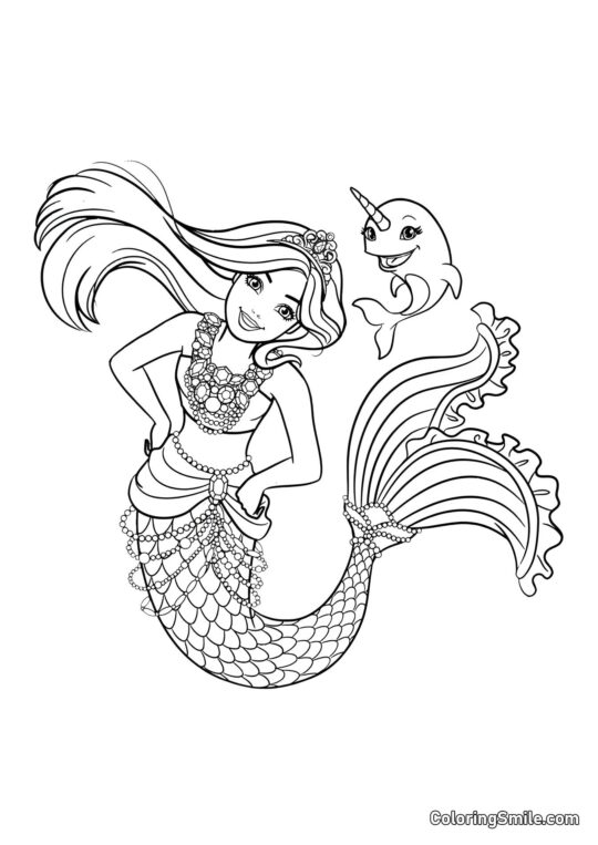 Dibujos de Barbie para colorear Barbie sirena y bebé narval - Página para Colorear