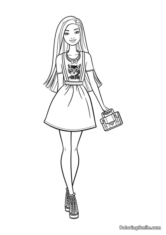 Dibujos de Barbie para colorear Barbie en una camiseta con un gatito - Página para Colorear