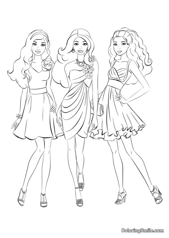 Dibujos de Barbie para colorear Amigas de Barbie en vestidos elegantes - Página para Colorear