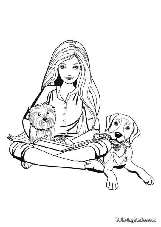 Dibujos de Barbie para colorear Barbie con dos perros - Página para Colorear
