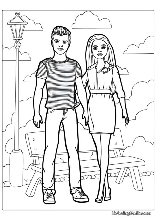 Dibujos de Barbie para colorear Barbie y Ken en el parque - Página para Colorear
