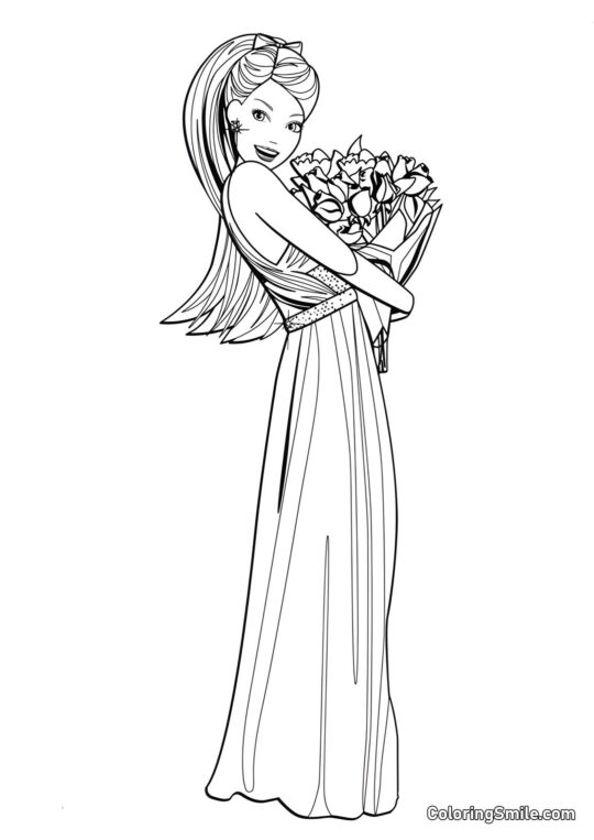 Dibujos de Barbie para colorear Barbie con un ramo de flores - Página para Colorear