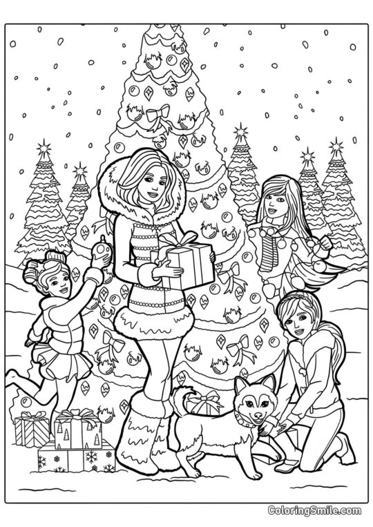 Dibujos de Barbie para colorear Barbie cerca del árbol de Navidad - Página para Colorear