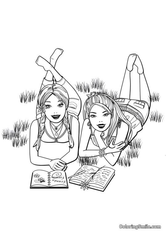 Dibujos de Barbie para colorear Barbie leyendo libros en la naturaleza - Página para Colorear