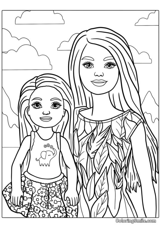 Dibujos de Barbie para colorear Barbie con su hermana menor - Página para Colorear