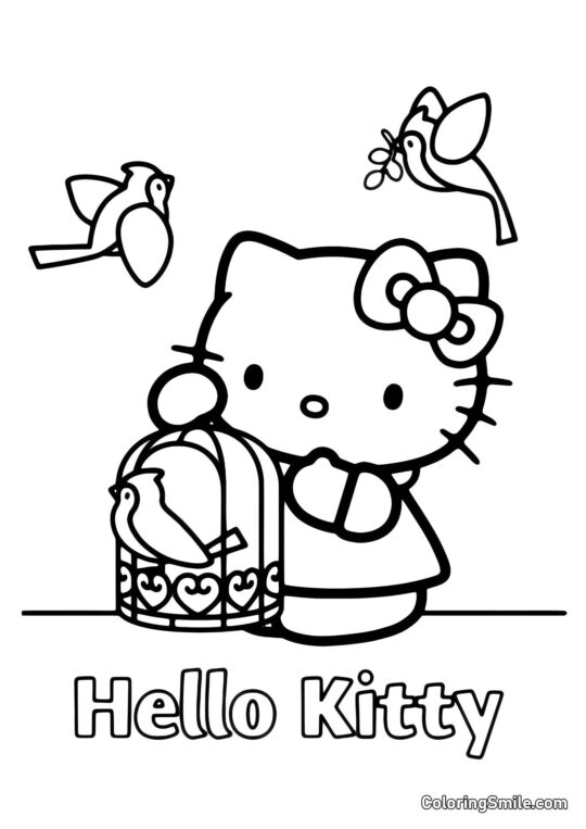 Hello Kitty z ptakami - Kolorowanka