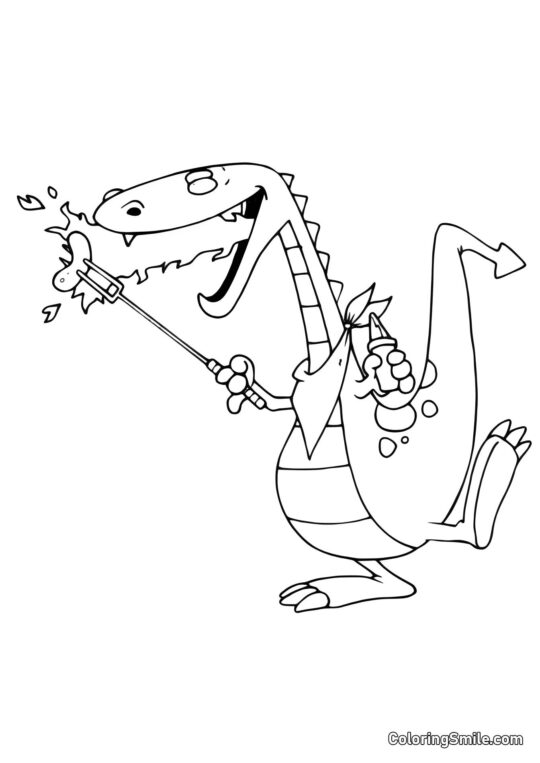 Drak opékající klobásu - Omalovánka