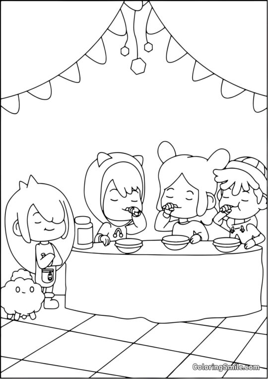 Toca Boca børn der spiser morgenmad - Farvelægningsside