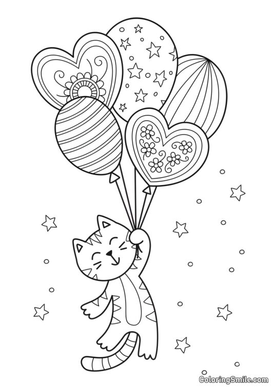 100+ Kolorowanki z Kotami Kot z Balonami na Kartkę - Kolorowanka