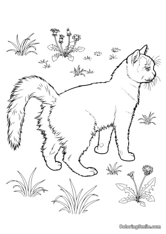 100+ Kolorowanki z Kotami Kot na Trawniku - Kolorowanka