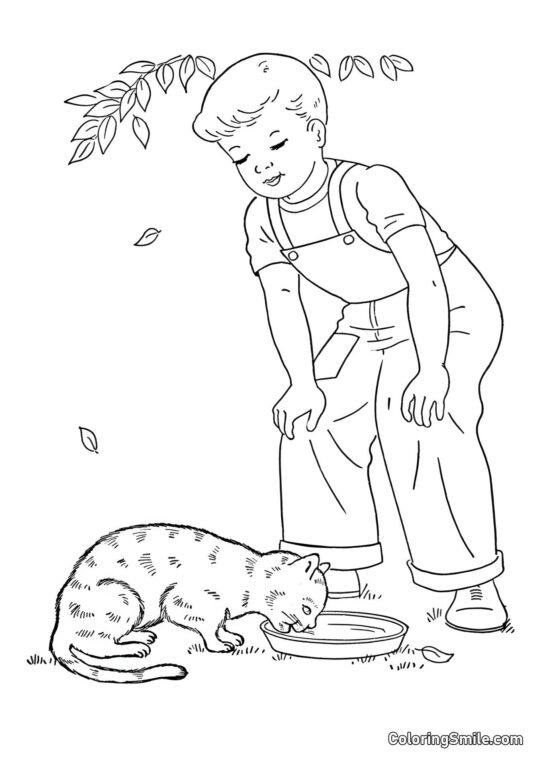 100+ Kolorowanki z Kotami Kot i Chłopiec - Kolorowanka