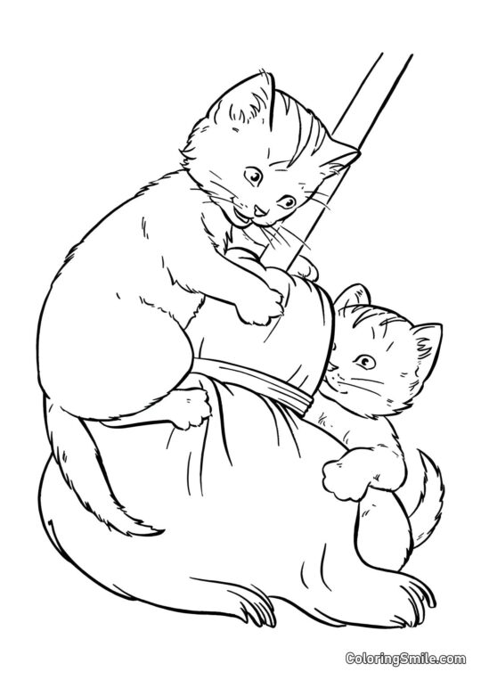 100+ Kolorowanki z Kotami Dwa Kociaki Bawiące się Miotłą - Kolorowanka