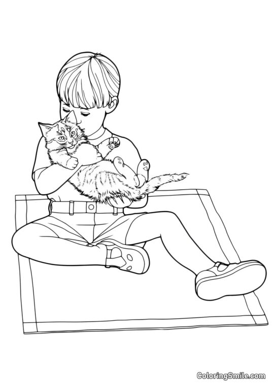 100+ Kolorowanki z Kotami Kociak Bawiący się z Chłopcem - Kolorowanka