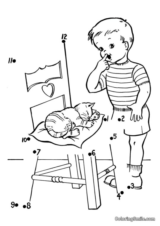 100+ Kolorowanki z Kotami Kot Śpiący na Poduszce – Połącz Kropki! - Kolorowanka