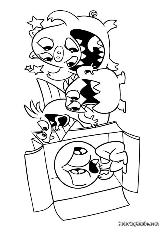 Hráč se schovává v krabici před příšerami z Banban školky - Omalovánka